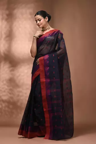 Midnight blue tant pure cotton saree with magenta woven border