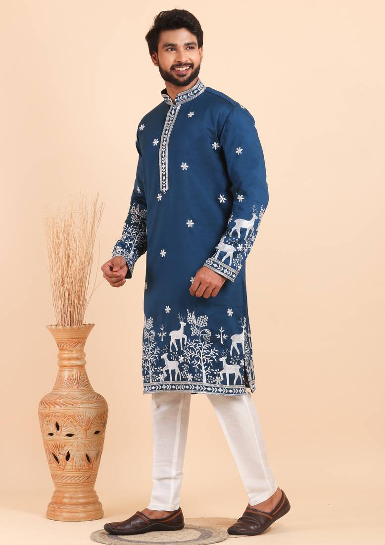 Men viscose silk embroidered designer kurta set