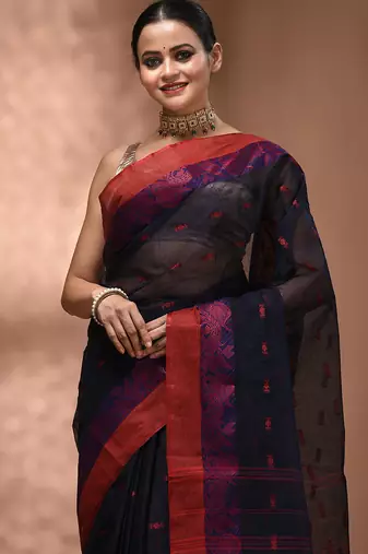 Midnight blue tant pure cotton saree with magenta woven border