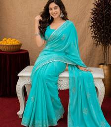 Sea green soft shimmer chiffon embroidery work saree with unstitched blouse piece