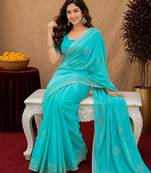 Sea green soft shimmer chiffon embroidery work saree with unstitched blouse piece