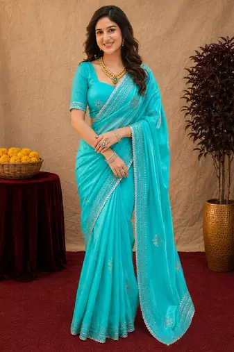 Sea green soft shimmer chiffon embroidery work saree with unstitched blouse piece