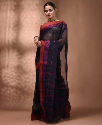 Midnight blue tant pure cotton saree with magenta woven border 5