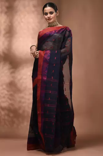 Midnight blue tant pure cotton saree with magenta woven border