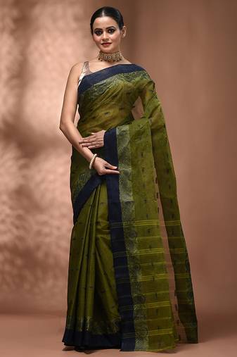 Olive green tant pure cotton saree with navy blue woven border