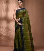 Olive green tant pure cotton saree with navy blue woven border