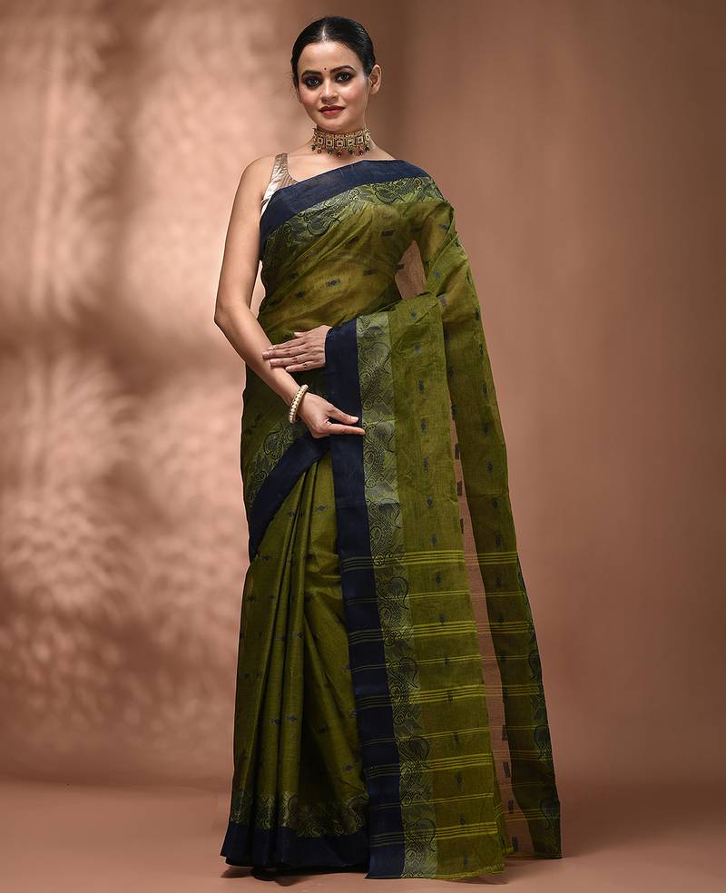 Olive green tant pure cotton saree with navy blue woven border