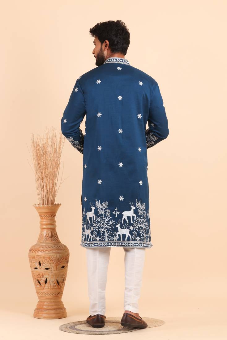 Men viscose silk embroidered designer kurta set