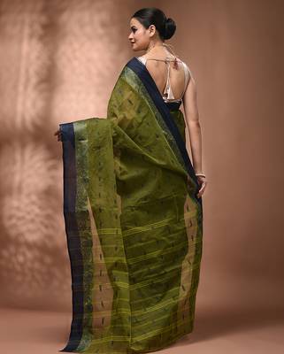Olive green tant pure cotton saree with navy blue woven border 2