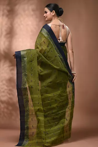 Olive green tant pure cotton saree with navy blue woven border