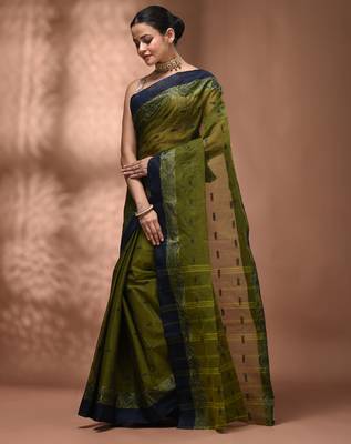 Olive green tant pure cotton saree with navy blue woven border 3