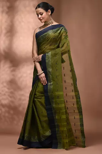 Olive green tant pure cotton saree with navy blue woven border