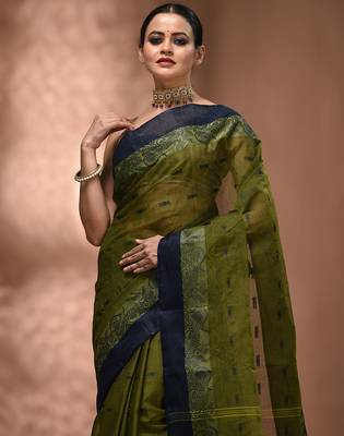 Olive green tant pure cotton saree with navy blue woven border 4