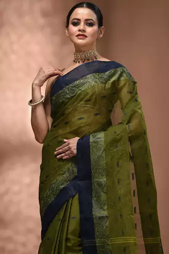 Olive green tant pure cotton saree with navy blue woven border
