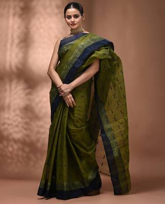 Olive green tant pure cotton saree with navy blue woven border 5