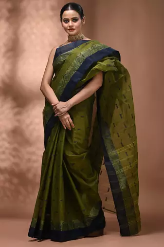 Olive green tant pure cotton saree with navy blue woven border