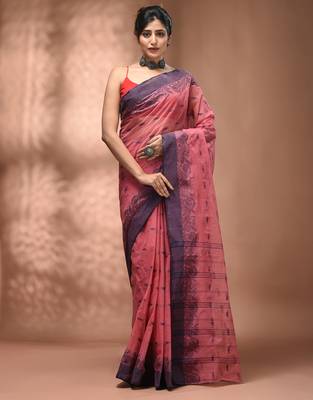Peach pink tant pure cotton saree with violet woven border 1