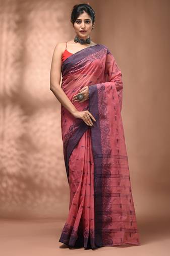 Peach pink tant pure cotton saree with violet woven border