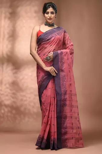 Peach pink tant pure cotton saree with violet woven border