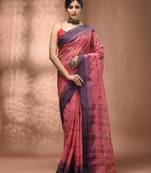 Peach pink tant pure cotton saree with violet woven border