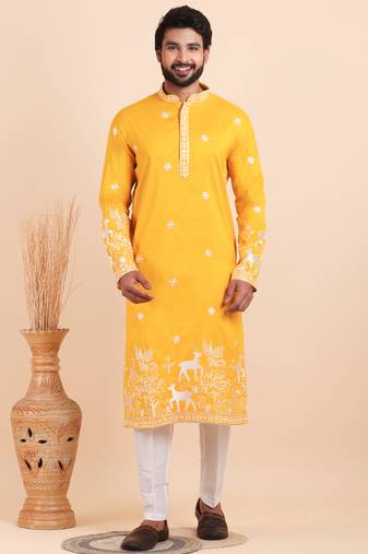 Men viscose silk embroidered designer kurta set