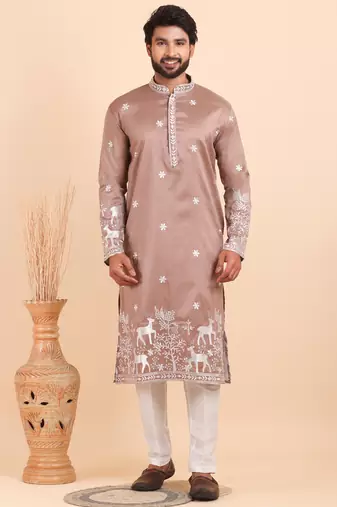 Men viscose silk embroidered designer kurta set