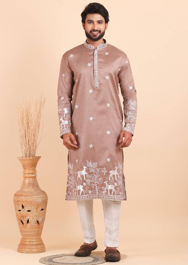 Men viscose silk embroidered designer kurta set