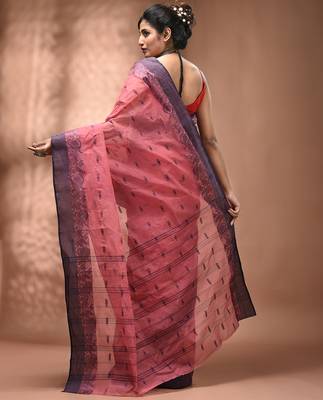 Peach pink tant pure cotton saree with violet woven border 2