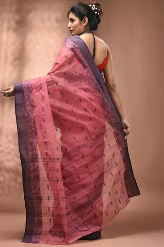Peach pink tant pure cotton saree with violet woven border