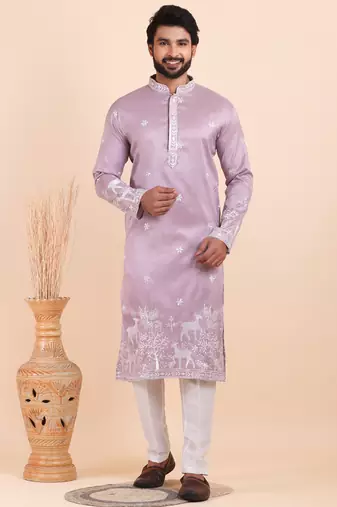 Men viscose silk embroidered designer kurta set