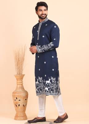 Men viscose silk embroidered designer kurta set 2