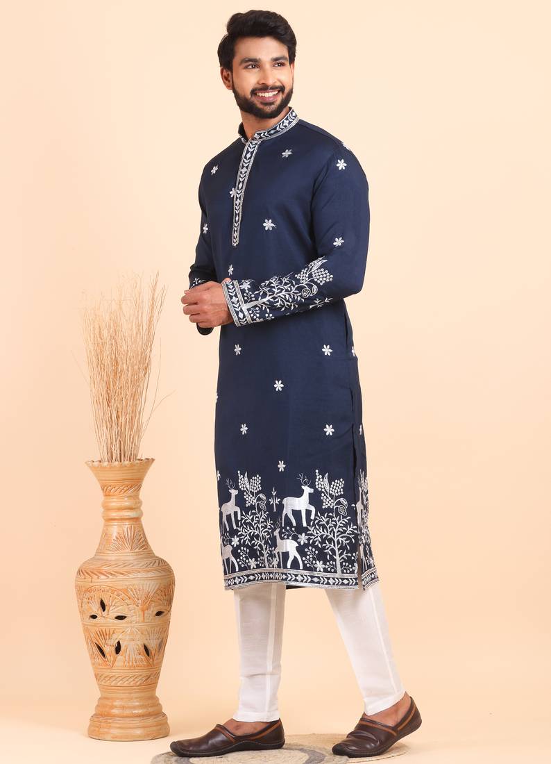 Men viscose silk embroidered designer kurta set
