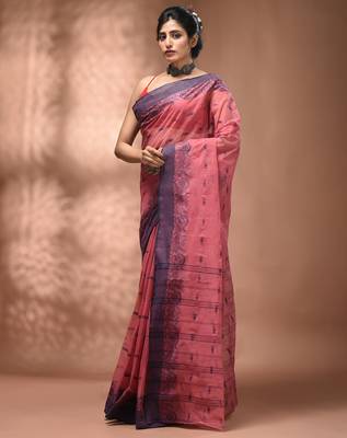 Peach pink tant pure cotton saree with violet woven border 3