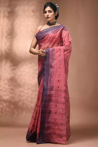 Peach pink tant pure cotton saree with violet woven border