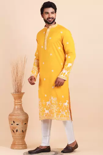 Men viscose silk embroidered designer kurta set