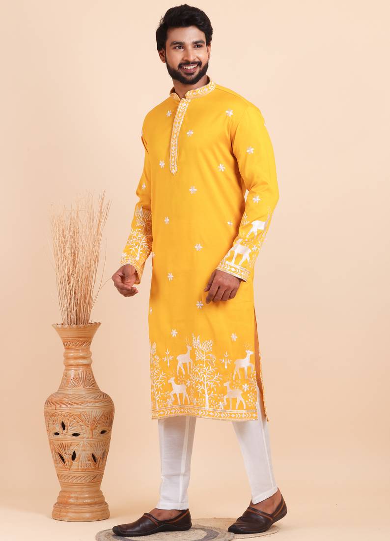 Men viscose silk embroidered designer kurta set