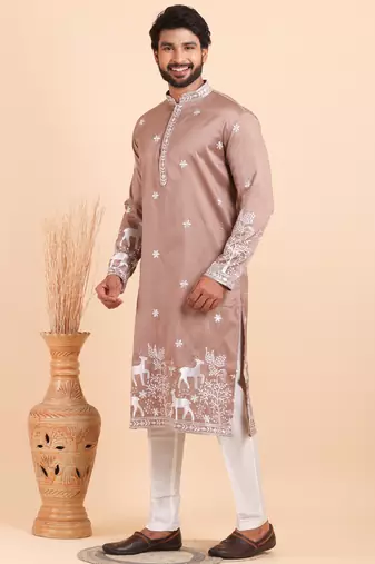 Men viscose silk embroidered designer kurta set