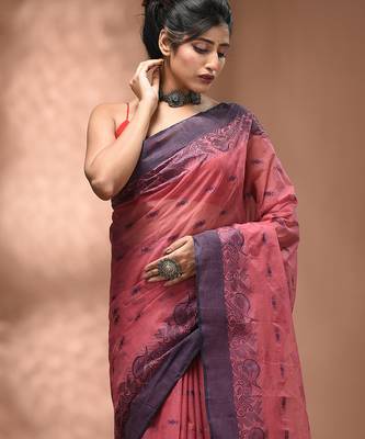 Peach pink tant pure cotton saree with violet woven border 4