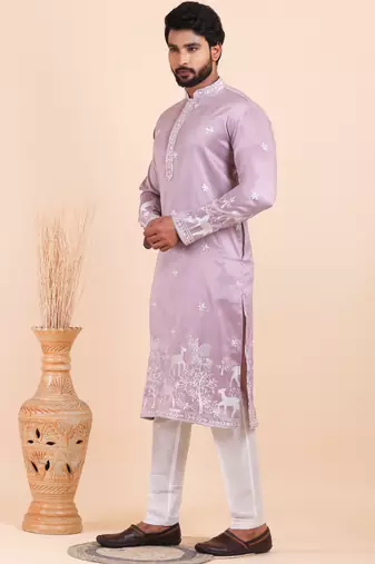 Men viscose silk embroidered designer kurta set