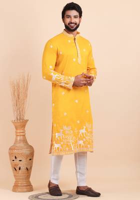 Men viscose silk embroidered designer kurta set 3