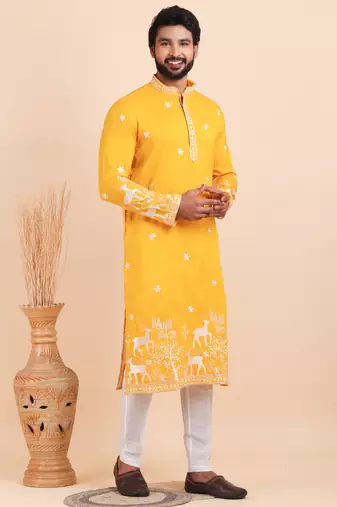 Men viscose silk embroidered designer kurta set