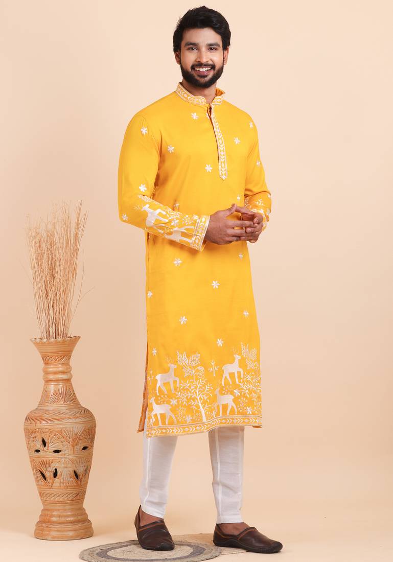 Men viscose silk embroidered designer kurta set