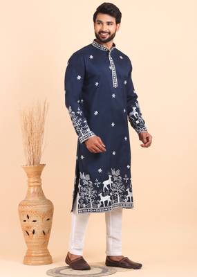 Men viscose silk embroidered designer kurta set 3