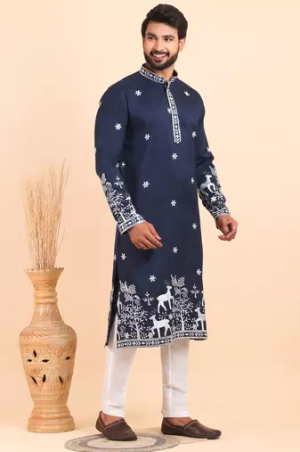 Men viscose silk embroidered designer kurta set