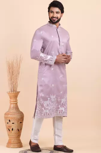 Men viscose silk embroidered designer kurta set