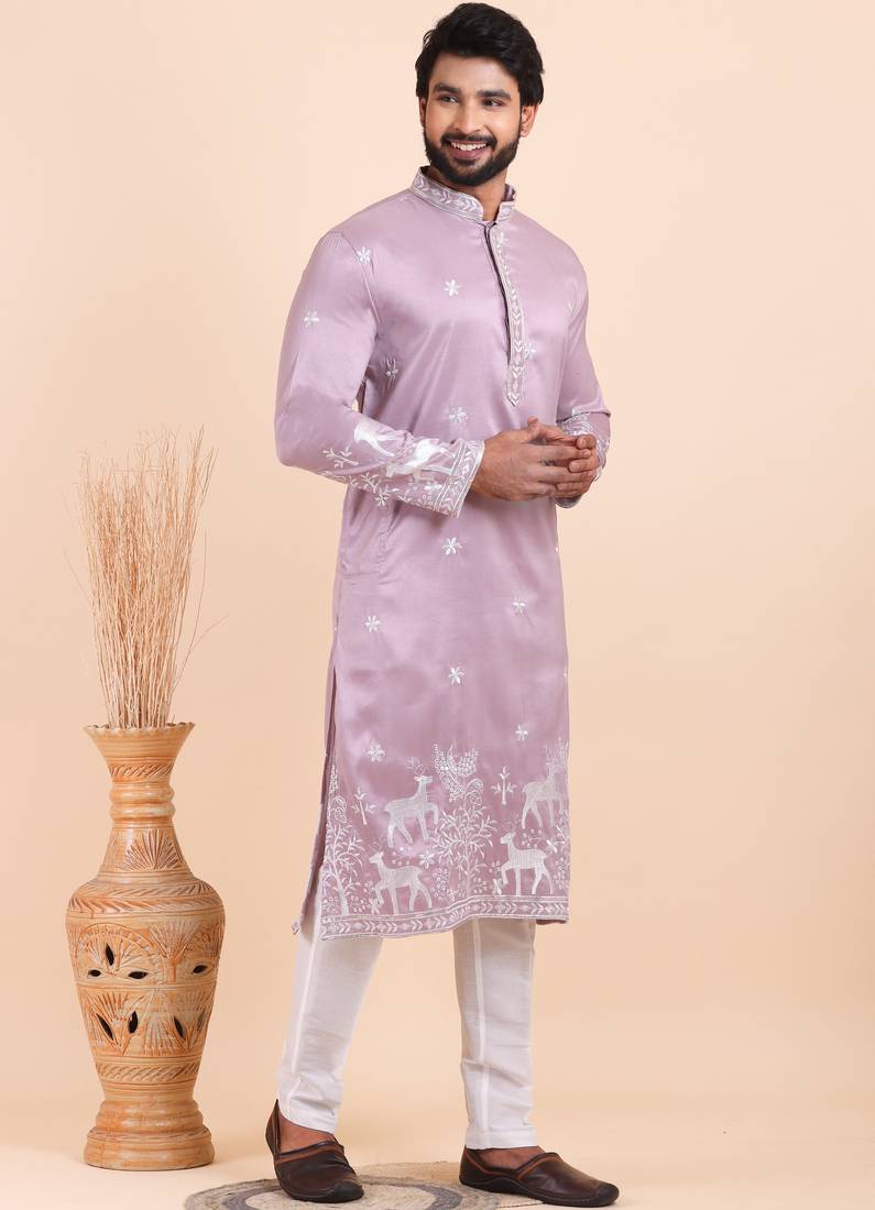 Men viscose silk embroidered designer kurta set
