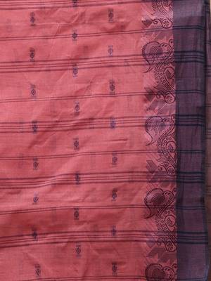 Peach pink tant pure cotton saree with violet woven border 5