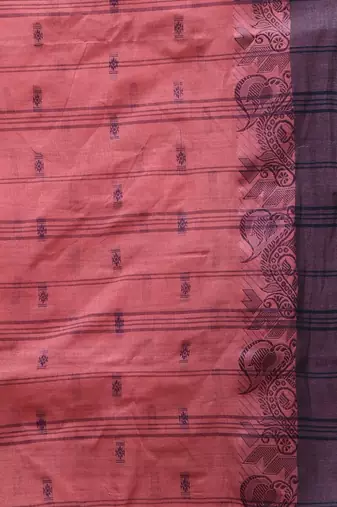 Peach pink tant pure cotton saree with violet woven border