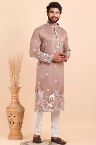Men viscose silk embroidered designer kurta set