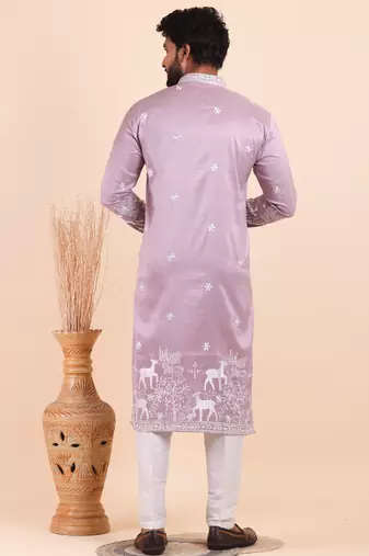 Men viscose silk embroidered designer kurta set